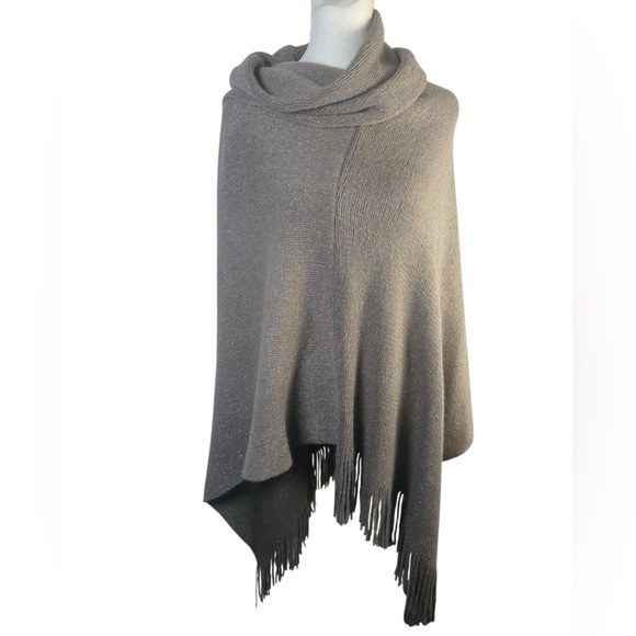 Chico's Sweaters - Chico’s Cowl Neck Fringed Triangle Metallic Taupe Poncho One Size NWT